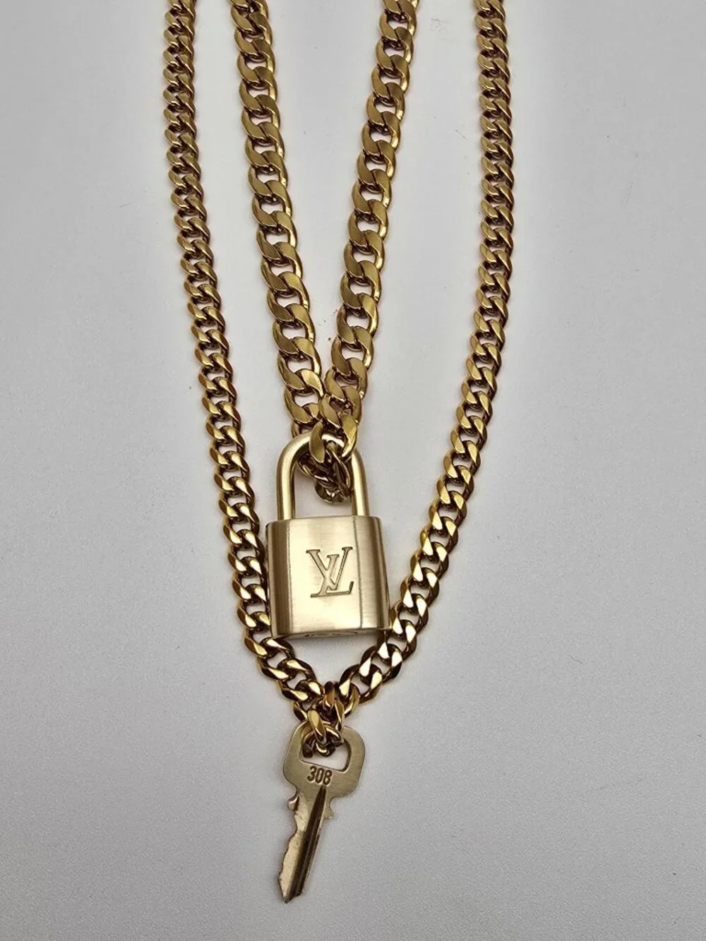 Authentic Louis Vuityon Gold Padlock Pendant with Stainless Steel 2 Cuban Style